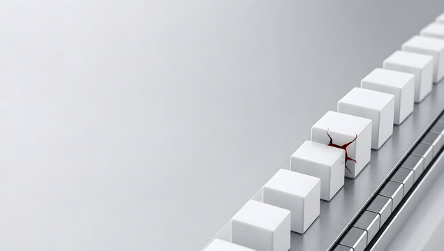 3D render of a neat row of identical minimalist white cubes, one cube subtly cracked with a dark red glowing interior in cyber security theme