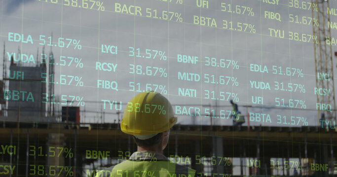 Image of stock market over caucasian male worker wearing safety helmet at building site