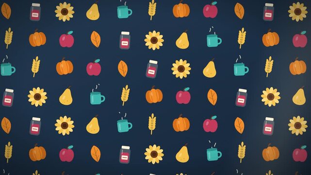 Thanksgiving pattern of autumn icons including pumpkins, apples, pears, sunflowers, wheat, leaves, coffee cups and drink cartons, arranged in neat rows on a dark navy blue background.