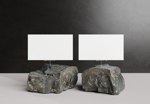 Two business cards on stone stands Mockup - 3d rendering