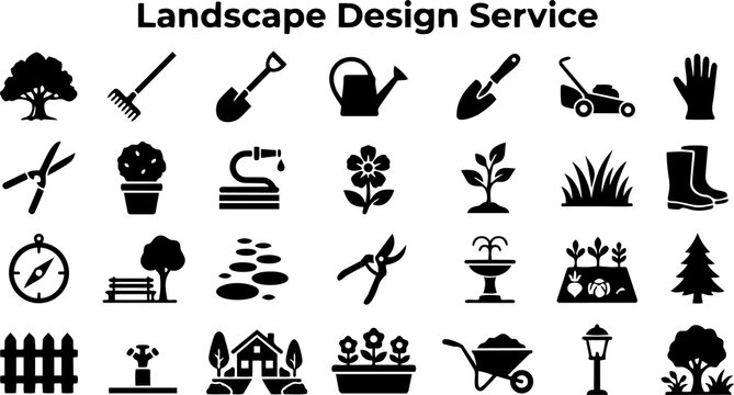 Professional landscape design service icon set for garden maintenance