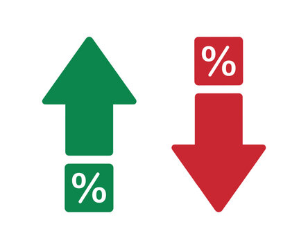 Green upward arrow with percentage symbol and red downward arrow with percentage symbol, flat icons growth