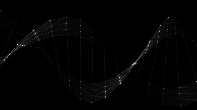 Abstract digital plexus wave with connecting dots and lines resembling a DNA strand rotating on black background for science and medical themes