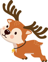 Adorable brown reindeer with large antlers and a gold bell leaping through the air © focus_bell