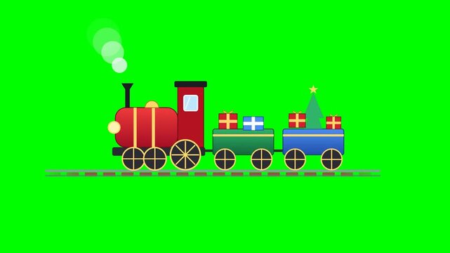 Cartoon christmas toy train carrying gifts on a green background