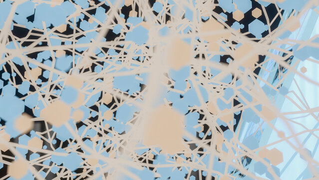 Abstract 3d digital network of blue and beige hexagons connected