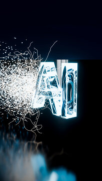 Glowing 3d ai letters with digital light particles and electric