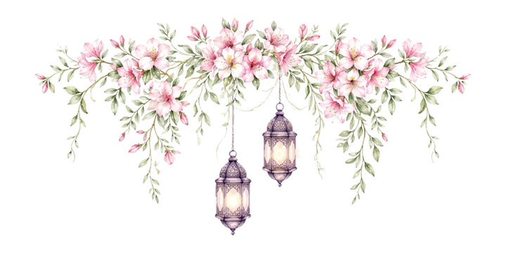 Decorative hanging lanterns with pink flowers and leafy branches for ramadan and festive design