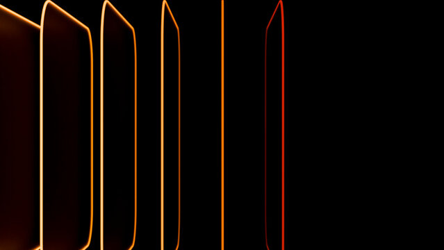 Vertical glowing orange panels with neon edges and dark backdrop