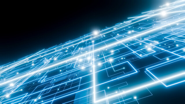 Glowing abstract digital network with blue circuit lines