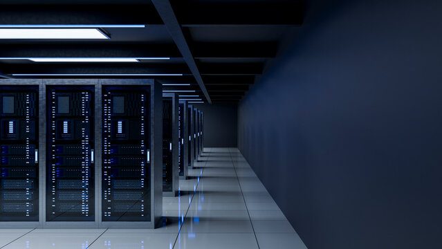 Data center corridor with server racks and digital technology