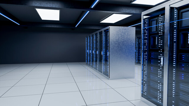 Modern data center with server racks and blue indicator lights