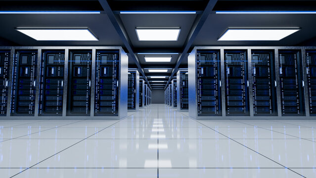 Modern data center hallway with rows of illuminated server racks