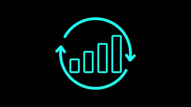 Neon bar graph growth icon with circular refresh arrow animation business finance