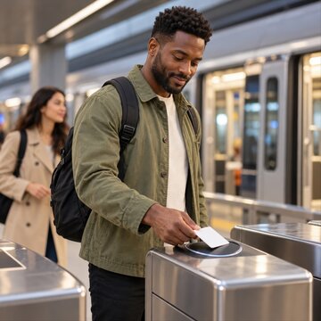 Traveler taps a fare card at a public transit turnstile