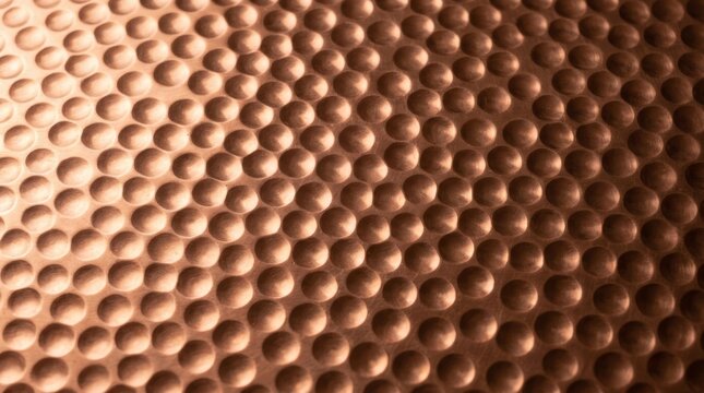 Hammered copper metal surface with rows of round dimples and soft warm side lighting, close-up textured background - handcrafted artisan metalwork and luxury interior material