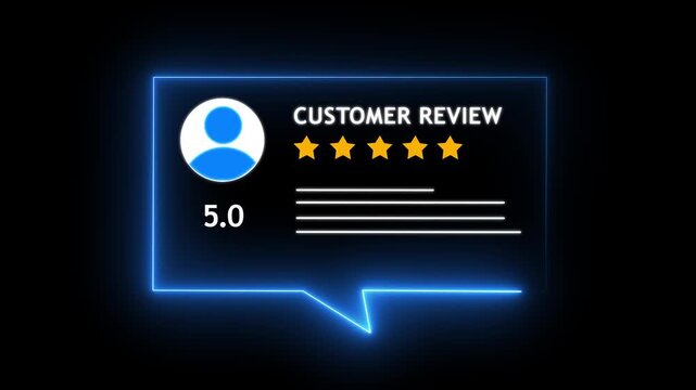Neon glowing five star customer review rating animation with user profile icon