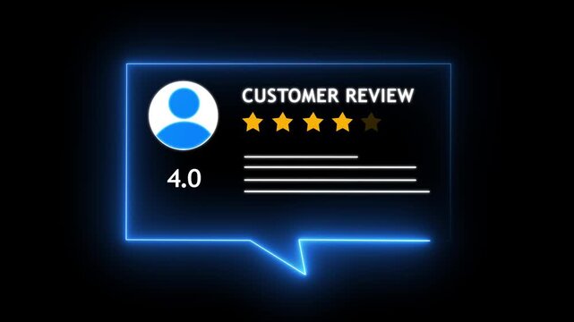 Neon glowing customer review interface with four star rating and user profile icon