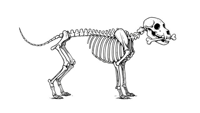 Cartoon dog skeleton holding a bone in its mouth illustration