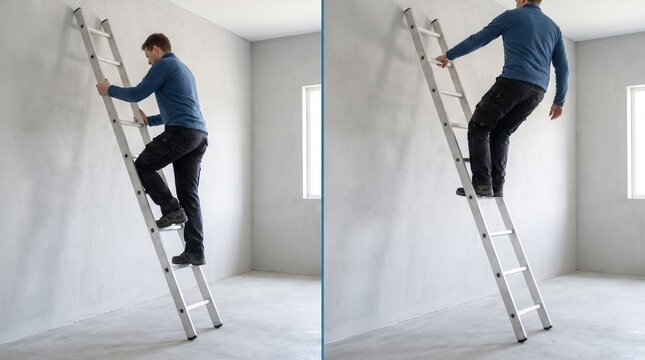 Safe vs unsafe ladder use, split screen comparison of stable angle with three points of contact and overreaching on top rung