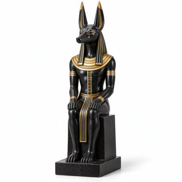Black and gold Anubis jackal god statue seated, polished Egyptian sculpture isolated on white background