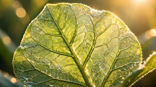 Close up of a vibrant green leaf with sunlight backlighting the intricate vein structure