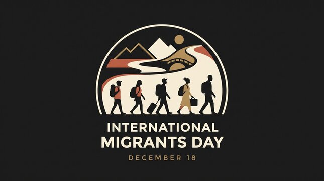 International migrants day design featuring a group of travelers walking toward mountains