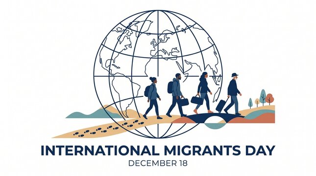 International migrants day illustration featuring travelers crossing bridge over globe for awareness campaign