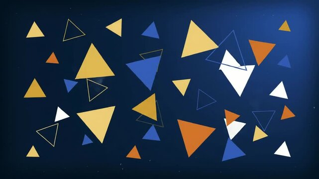Abstract triangles pattern with blue orange and white shapes on dark background