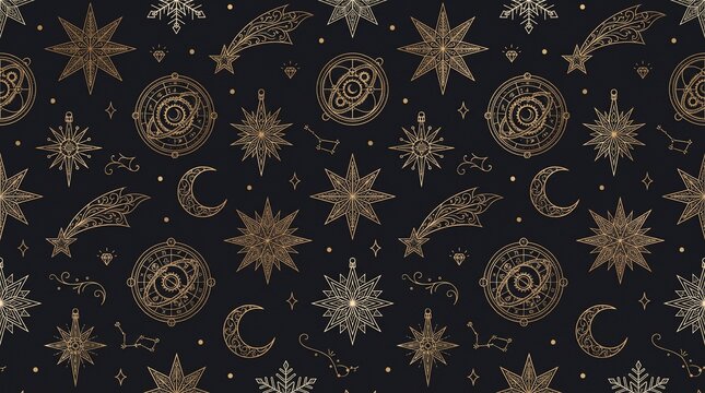 Mystical celestial pattern with gold stars, vintage astrology background with crescent moons and comets, esoteric occult design for textile printing.