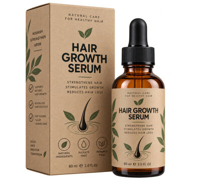 Amber hair growth serum dropper bottle with packaging