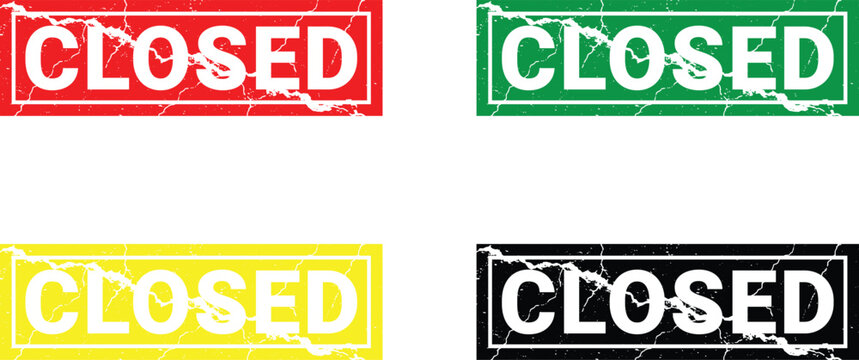 A vibrant collection of four 'closed' stamps in red green yellow and black showcasing a distressed vintage aesthetic for design projects
