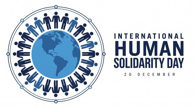 International human solidarity day banner with blue figures holding hands around the world