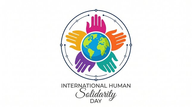 International human solidarity day greeting card design with colorful hands around the world