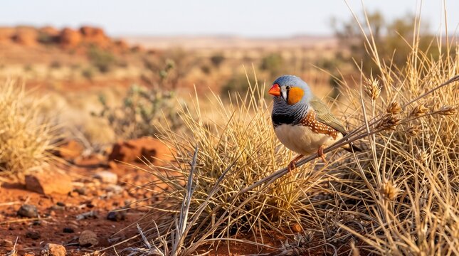 Zebra Finch Perched on Dry Grass in the Australian Outback