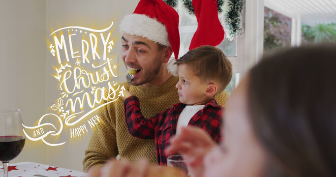 Image of merry christmas and happy new year text over caucasian family wearing santa hats