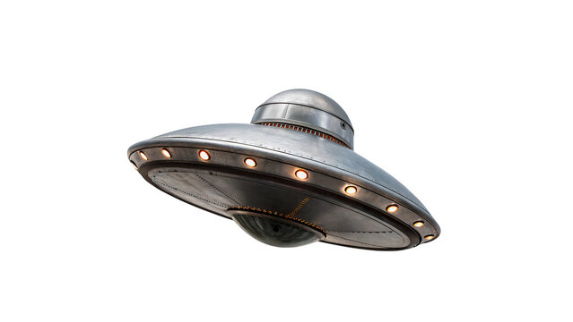 Metallic silver retro UFO flying saucer alien spaceship vehicle isolated on transparent background.