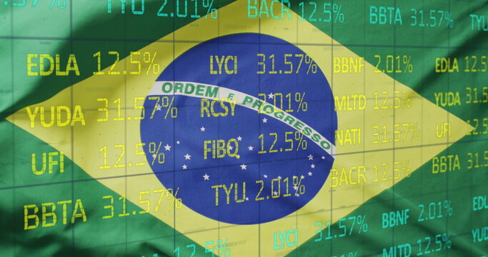 Overlaying Brazilian flag, stock market data showcasing financial growth trends