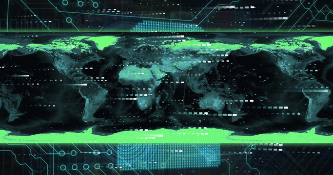 Futuristic digital world map showcasing global connectivity and technology data overlay