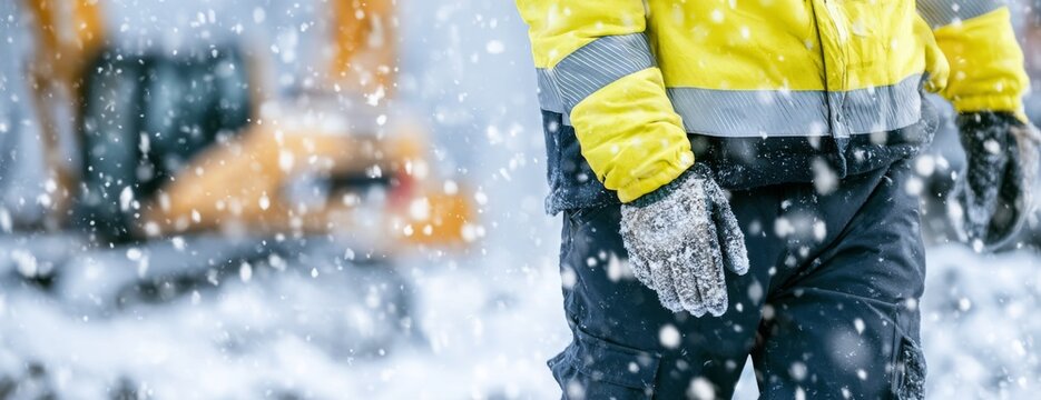 Worker in winter clothing at construction site during snowfall  