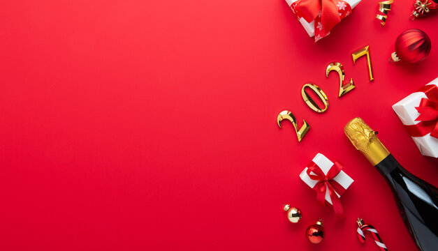Merry Christmas and Happy Holidays greeting card, frame, banner. New Year 2027. Red and golden Christmas ornaments and gifts, presents with champagne on red background top view. Copy space.
