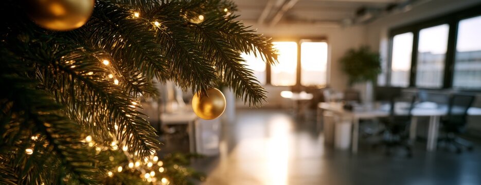 Christmas tree with decorations in a modern office workspace  