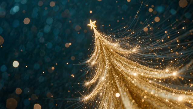 Glowing gold strands form a Christmas tree beneath a star at night