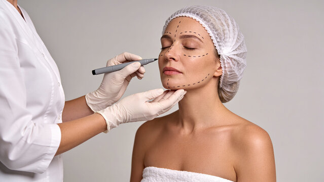 Woman receives facial assessment markings during a cosmetic consultation in a clinic