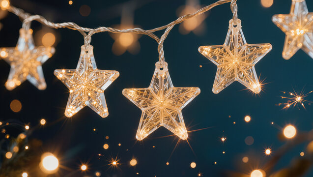 Star-shaped string lights glow against a dark background during the holiday season