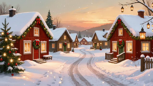 Snow-covered village street with decorated cottages at sunset during winter
