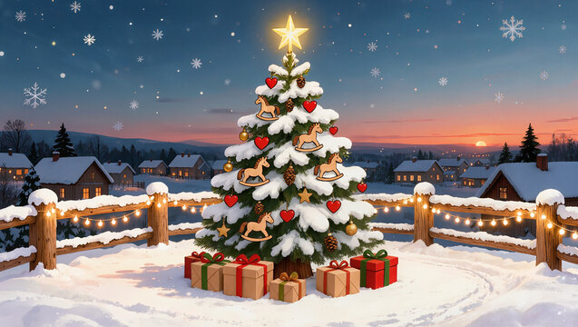 Decorated Christmas tree and wrapped gifts in a snowy village at sunset