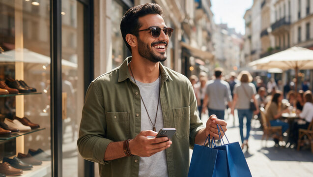Man shops on a city street while holding a phone and blue shopping bags