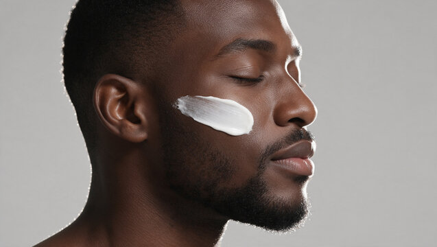 Man applies cream to his cheek while caring for his skin indoors
