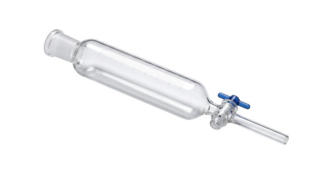 Laboratory Glassware Separatory Funnel with Stopcock, Clear Glass Chemical Tube Isolated on White, Scientific Research Equipment
